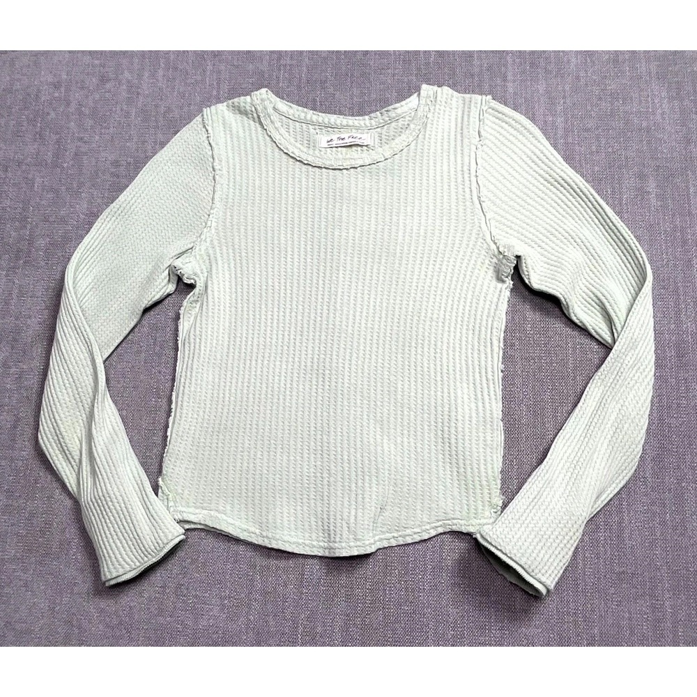 We The Free People Thermal Top Womens Small Green Waffle Knit Outdoor Crew Neck